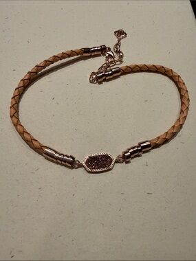 Kendra Scott Tan Braided Leather Cruz Bracelet with Rose Gold Druzy